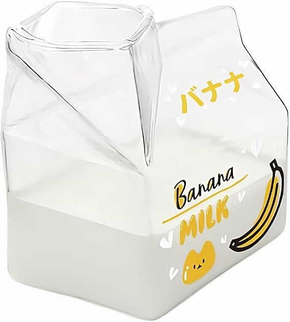 Glass Milk Jug, Creative Breakfast Cups,Cute Clear Kawaii Milk Carton, Mini Milk Jug,Portable Students Transparent (Banana)