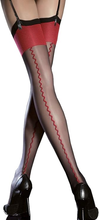 Fiore Patterned Stockings with Backseam and Contrast Red Top (4 - Large)