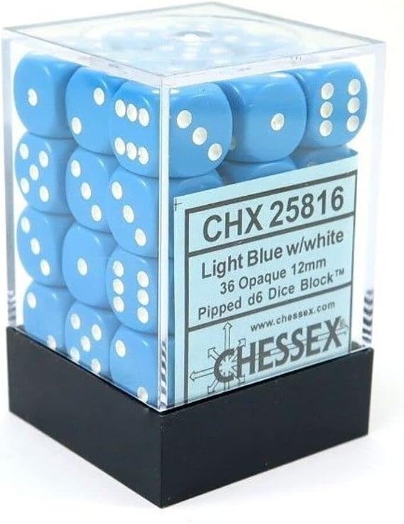 Chessex Opaque 12mm d6 Light Blue w/White Dice Block - Set of 36