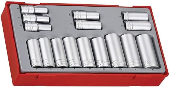 Teng Tools 16 Piece 3/8 Inch Drive Metric 6 Point Deep Socket Set Tool Tray (7mm - 22mm) - TT3816, Silver
