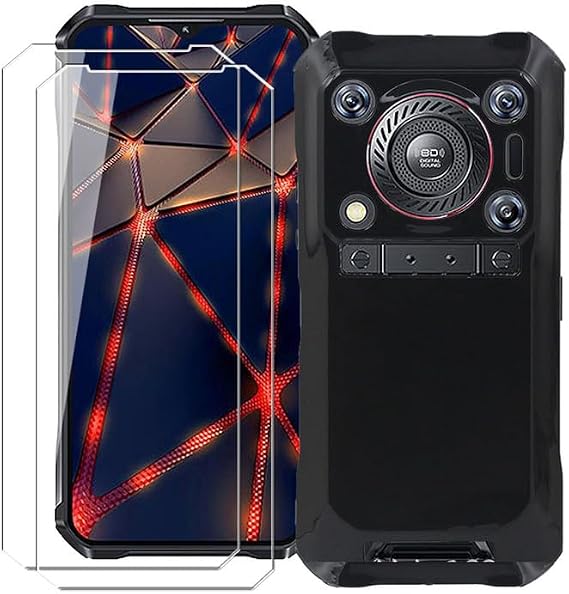 ケース Oukitel WP33 Pro用 + 2枚パック ガラススクリーンプロテクター 強化フィルム - 透明シリコン ソフト フレキシブル バンパー 耐衝撃 TPU 保護カバーシェル Oukitel WP33 Pro用 ブラック