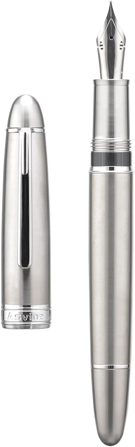 Asvine J16 Solid Titanium Fountain Pen, Jowo Flexible Fine Nib Piston Filling, Ink Window Design with Wrench and Pen Box