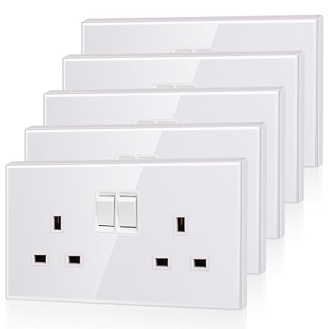 5 Pack CNBINGO Glass Double Switched Power Socket, Electric Power Sockets 2 Gang 13 Amp, White Double Wall Outlet with Tempered Glass Panel