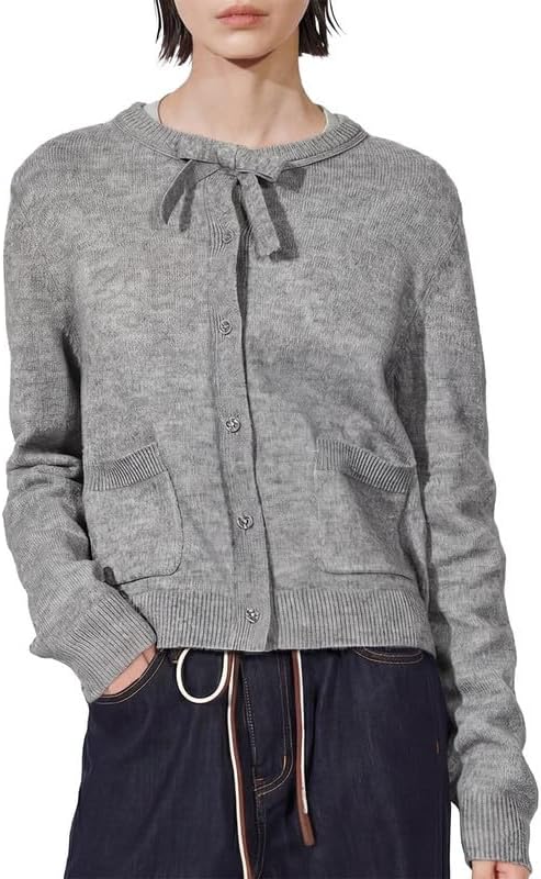 URBAN REVIVO Womens Cropped Cardigan Tie Neck Pocket Detail Long Sleeve Button Front Crew Neck Knit Sweater Fall Winter
