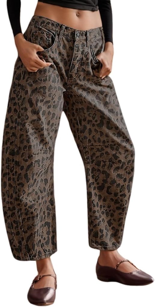 Women's Mid-Rise Barrel Jeans Vintage Leopard Printed Baggy Cropped Wide-Leg Denim Ankle Pants Boyfriend Jeans