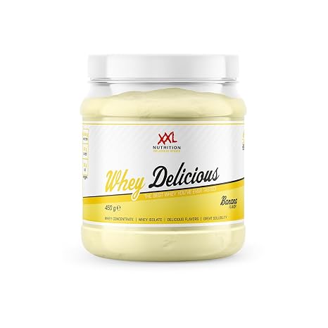 XXL Nutrition - Whey Delicious Protein Powder - Delicious Shake - Protein Powder Whey Protein Isolate &amp; Concentrate - High Quality - 78.5% Protein Content - Banana - 450 g