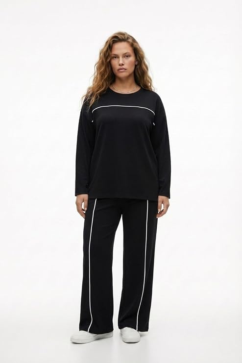 Modal Kumaş Biyeli Rahat Günlük Takım – Uzun Kollu M-6XL-Siyah-4XL
