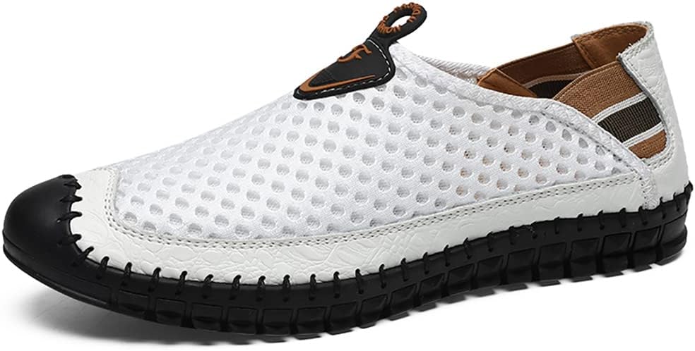 Men's Mesh Breathable Walking Loafers Outdoor Lightweight Slip-on Mesh Casual Shoes Stitching Honeycomb Hiking Shoes for Men White46