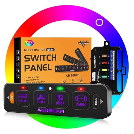 Auxbeam AS-R40 4 Gang Slim Switch Panel with RGB Backlight Memory Function | Toggle momentary pulsed 3 mode, dimmable, multifunction with solid-state relay, for 12-24V, waterproof,
