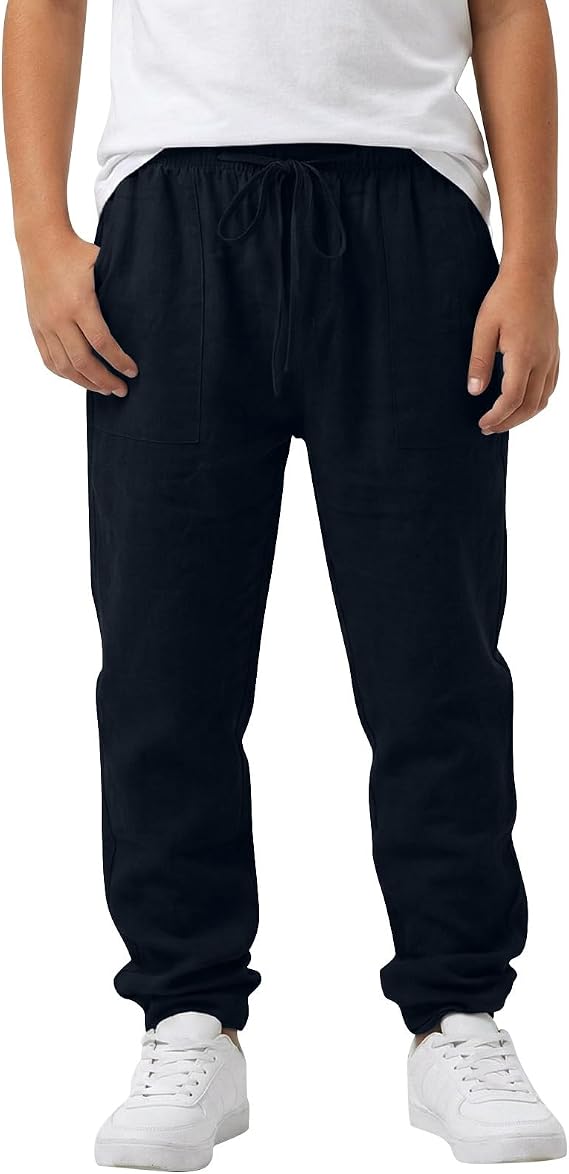 Summer Linen Pants for Boys School Uniform Pants Elastic Waist Drawstring Straight Leg Casual Beach Trousers Pockets