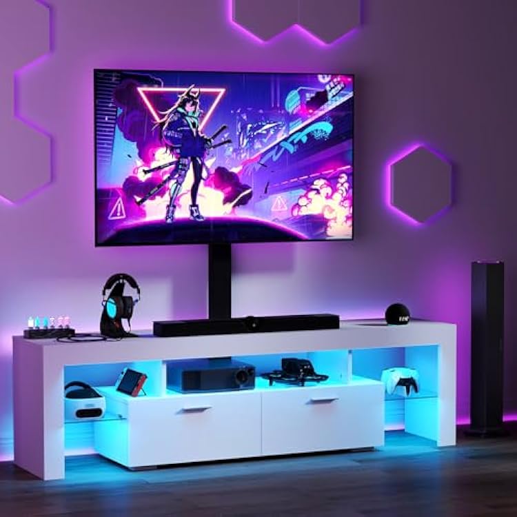TV-Stand with Mount 75 inch - LED TV Stand with Power Outlet & Drawers, Modern Entertainment Center with Mount for Living Room, Bedroom, White