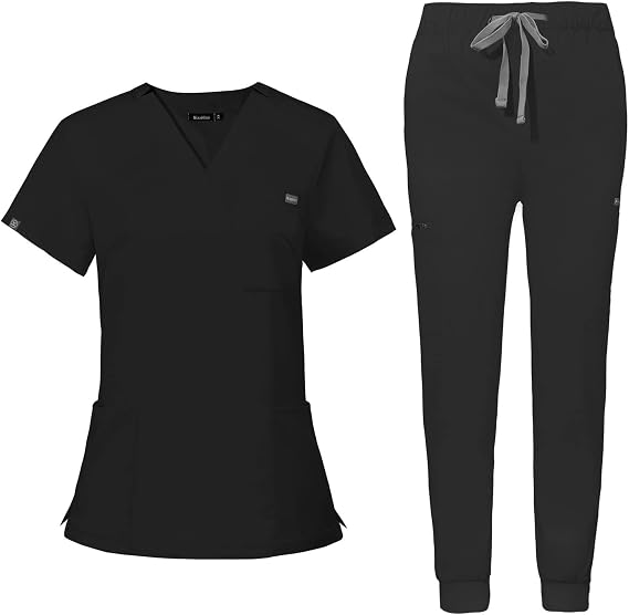 2026 Scrubs Uniforms Women Set with 11 Pockets, 4-Way Stretch V-Neck Scrub Top & Jogger Pants, Beauty Tunic, Nurses Uniform, Medical Work Wear for Healthcare Hospital/Dental Practice - Unisex