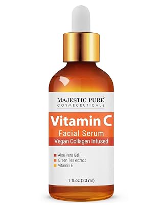 MAJESTIC PURE Vitamin C Serum for Face, Anti Aging Serum with Vegan Collagen, Vitamin E, Aloe Vera Gel & Green Tea Extract - Hydrating Facial Serum for Dark Spots, Fine Lines and Wrinkles, 1 fl oz