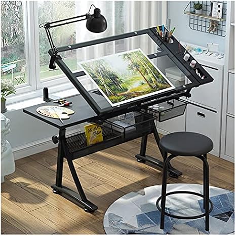 Adjustable Drawing Table with Tilting Glass Top and Storage Drawer - Ideal for Artists and Crafters