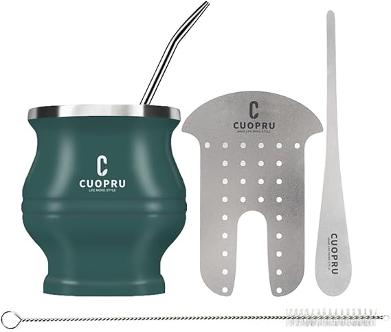 Cuopru Stainless Steel Yerba Mate Cup and Set - 6.7 oz, Army Green, Modern Design