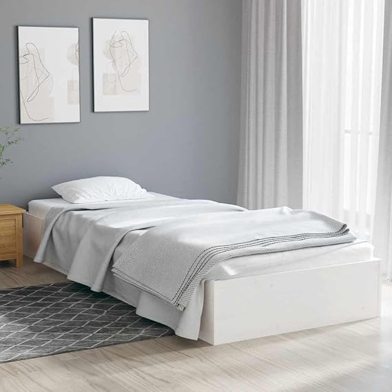 Small Single Bed Frame Solid Pine White 75x190 cm Kids Guest Room Compact Wooden Bedframe Modern Low Profile for Studio Flat Loft Bedroom