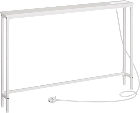 HOOBRO Console Table with Charging Station, 120 cm Slim Console Table for Hallway, Behind Sofa Table, for Entryway, Living Room, Small Spaces, Metal Frame, White EWW15KXG01G1