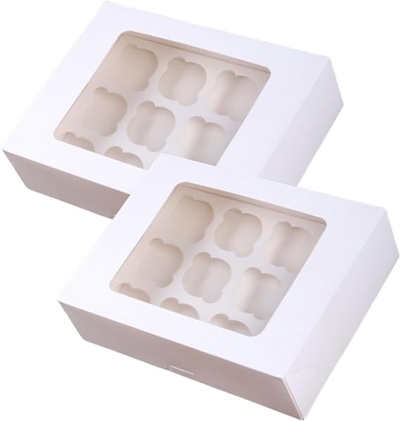 12 Count Cupcake Boxes, 2 Pack Rectangular Tiny Cake Containers with Clear Window and Inserts, Portable Disposable Paper Cupcake Holders for Cookies(White)
