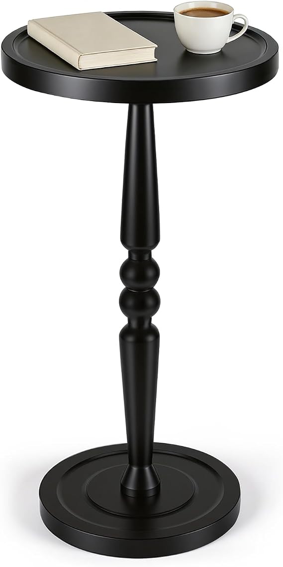 Small Side Table for Small Spaces, Modern Round End Table with Natural Solid Wooden Top, Pedestal and Leg, Black Accent Drink Tables for Livingroom, Bedroom, Sofa, Corner, Coffee, Office, Couch