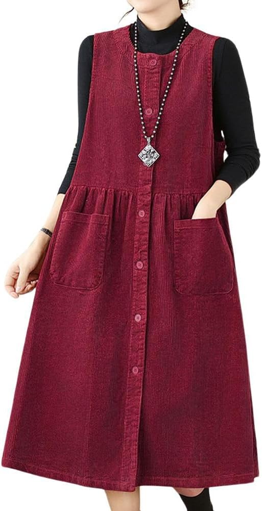 chouyatou Women's Corduroy Button Down Babydoll Tank Dress Crewneck Over Knee Long Overall Dress with Pockets
