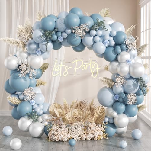 130pcs Dusty Blue Balloon Arch Kit, Dusty Light Blue Pearl White Balloons for Baby Shower Bridal Shower Wedding Birthday Party Decorations