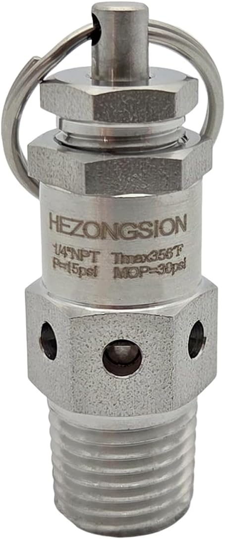 1/4" NPT Male Mini Adjustable Pressure Relief Safety Valve with Lock,15psi Set Pressure,0-30psi Pressure Range,SS304 Stainless Steel