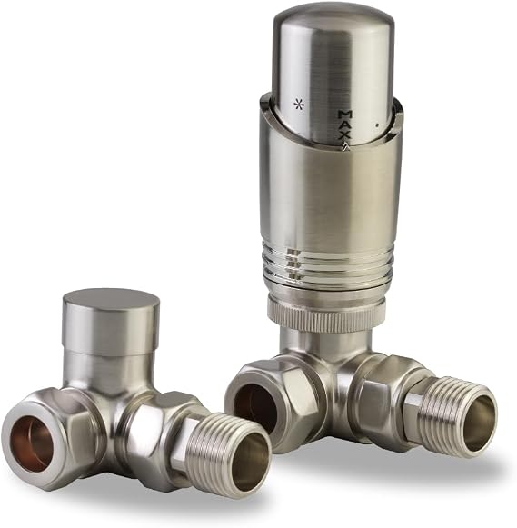 Brushed Nickel Thermostatic Radiator Valves Corner 15mm, TRV