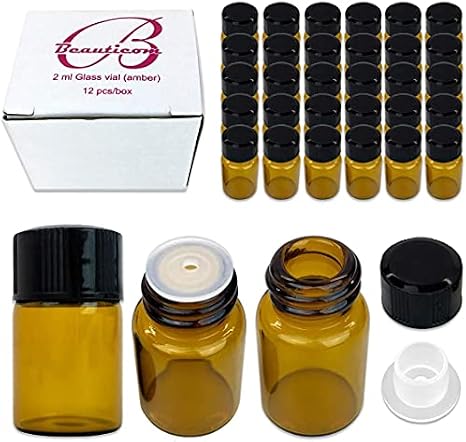 Beauticom 2ML アンバーガラスバイアル 144ピース オリフィスレデューサーとドロッパートップ付き