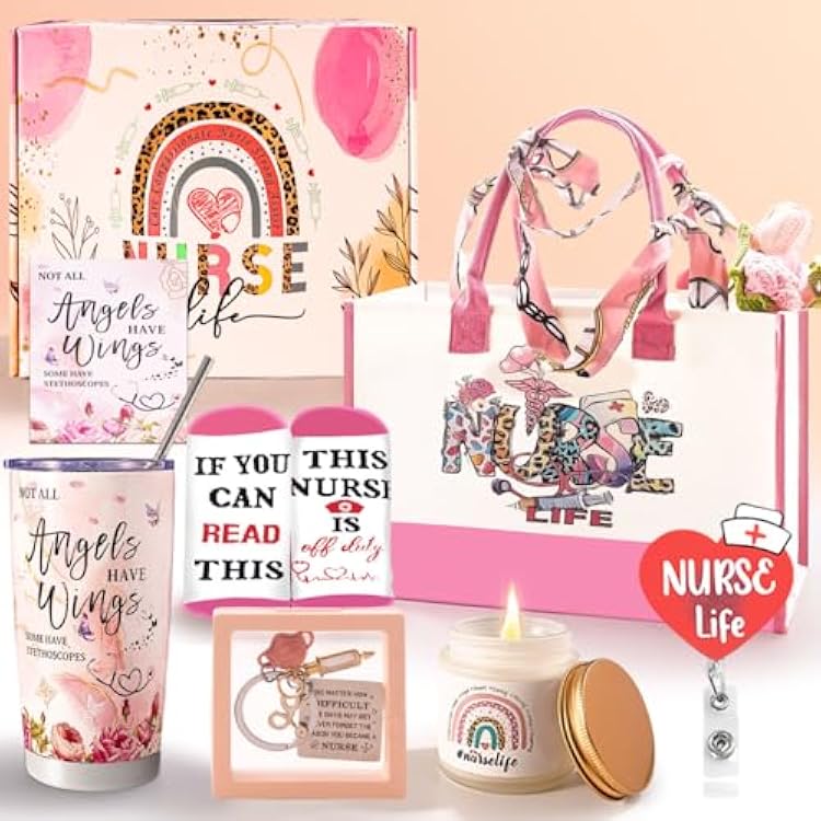 Nurse Gifts for Women Appreciation Set Nurses Week Set Graduation Christma Female Student with Canvas Beach Tote Bag Tumbler Socks Rainbow