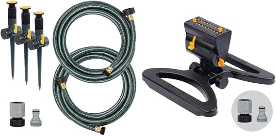 Melnor 65191AMZ Adjustable Spike Set Sprinkler Bundle, Green, Yellow & 65131AMZ Mini Oscillator Sprinkler Bundle, Black, Yellow