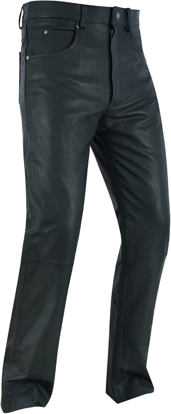 Dream Apparel Mens Motorcycle Black Leather Pants Jeans Style Motorcycle Riding Pants for Biker with 5 Pockets