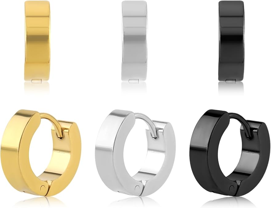 Men Hoop Earrings, 3 Pairs Hoop Earrings for Men Stainless Steel Mens Earrings Hoop Gold Silver Black Hoop Earrings Men Hypoallergenic Small Hoop Earrings for Men Women Wearing