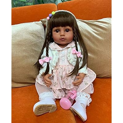 RXDOLL Reborn Baby Dolls Vinyl Full Body Tan Skin African American 22 inches Realistic Black Biracial Girl Reborn Toddler Doll Long Hair with Beautiful Dress Accessories for Xmas Gifts