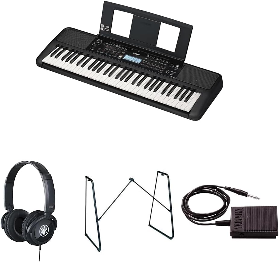 Yamaha PSR-E383 Portable Keyboard for Beginners bundled with HPH-100 Headphones, L-2C Keyboard Stand, and sustain Pedal