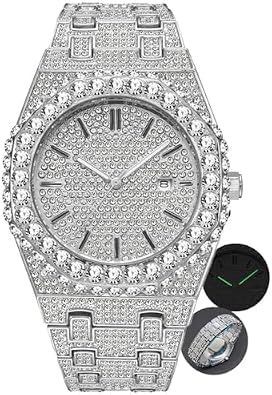 Black Quartz Watches for Men Special Trendy Calendar Luminous Hands Hip Hop Bracelet Watch Full Rhinestone dial dial Male Diamond Wristwatch