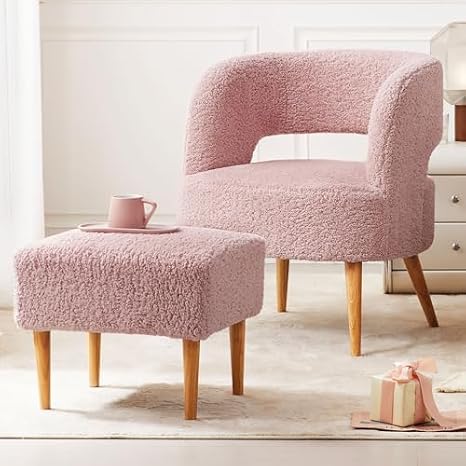 Living&Giving Accent Chair with Ottoman Sherpa Armchair and Ottoman Set with Back,Wood Legs Chair with Arms for Reading,Living Room,Bedroom Pink