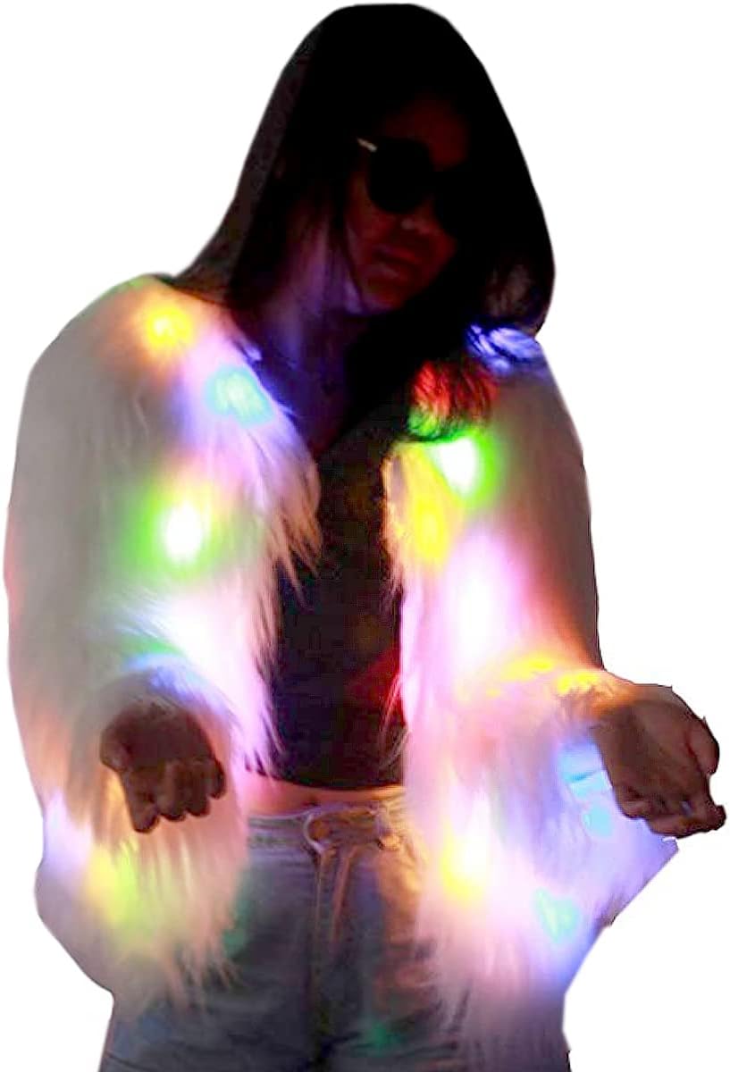Womens Faux Fur Jacket LED Light Up Rave Coats for Women Costume for Club Xmas Birthday Party Fancy Dress