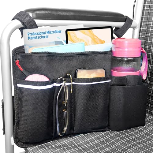 EVEME Wheelchair Side Bag with Cup Holder,Wheelchair Storage Pouch,Wheelchair Pouch Bag,Armrest Accessories for Wheelchair,Rollator,Scooter,Wheelchair Clip on Cup Holder, Large size
