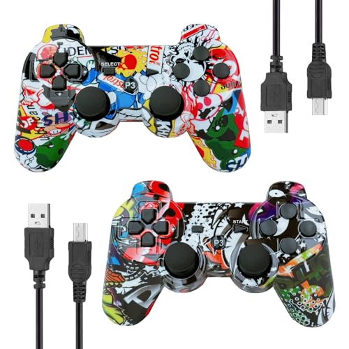 Wireless Controller for PS3,2-Pack Rechargable Remote dualshock Controller with 2 x Charging Cables ,Double Vibration,Bluetooth Gamepad,Motion Sensing,with Upgraded JoysticksTribal Street Art