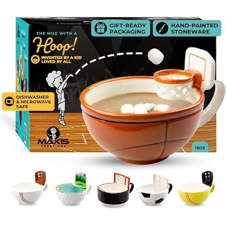 MAXIS Creations The Mug with a Hoop Basketball Mug Funny Ceramic Coffee Mugs Cereal Bowl Sports Coach Kids Basketball Gifts for Boys 8-12 12-14 Girls Stuff Accessories Mini-Hoop for Kids, 16oz