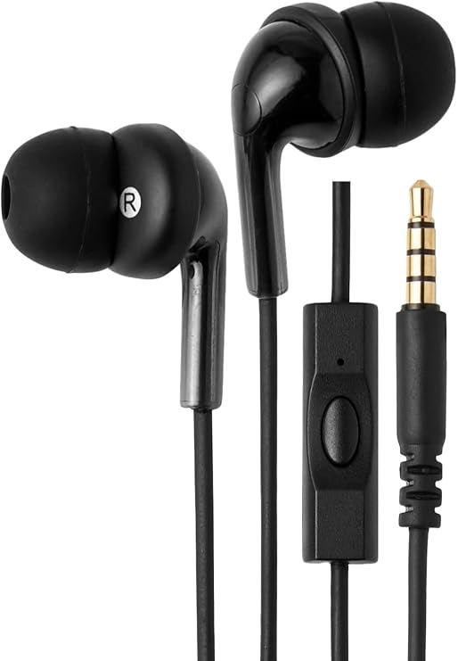 Amazon Basics Wired Earbuds with Microphone, In-Ear Headphones, 3.5mm Jack, High Definition Sound, Secure Fit, 4.2 ft Cable, S/M/L Ear Tips, Black