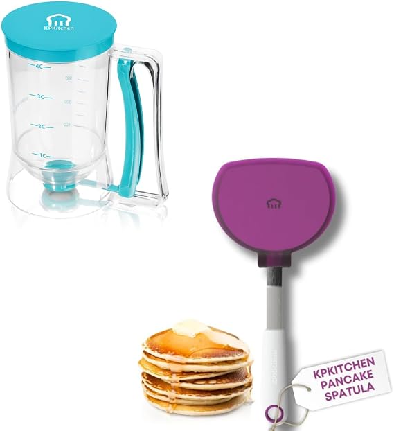 KPKitchen Pancake Batter Dispenser and Pancake Spatula Flipper - Perfect Baking Tool for Cupcakes, Waffles, Crepes, Cake or Any Baked Goods (Turquois - Heat Resistant Wide Spatula Perfect for Pancakes