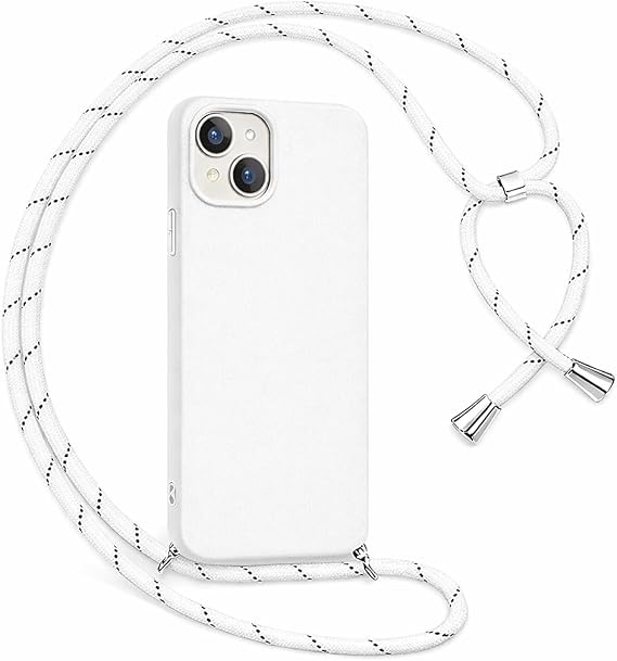 Coverzone iPhone 13/14 ile Uyumlu Özel Üretim Ayarlanabilir İpli Boyun Askılı Silikon Kılıf Kadife İç Yapılı Viper Boyun Çapraz Taşıma Özellikli Asılabilen İpli Telefon Kılıfı Beyaz