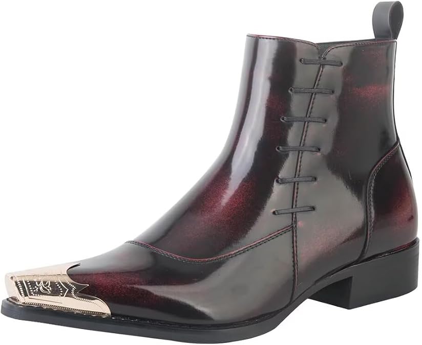 Mens Western Pointed Toe Ankle Boots with Metal Toe Cap Side Zipper Comfortable Non Slip Dress Boots for Back to School and Banquet