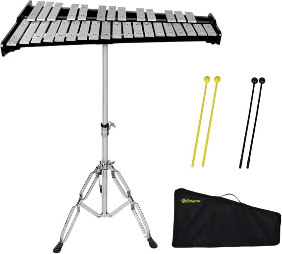 ENNBOM 32 Notes Glockenspiel Kit Xylophone Bell Percussion Instrument Set with Adjustable Stand Mallets and Carrying Bag