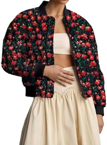 Womens Embroidered Daisy Cropped Bomber Jacket Zip Up Crop Floral Print Padded Coat Winter Warm Puffer Jacket