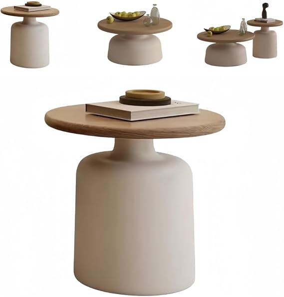 Nordic Style Round Coffee Table, Double Nesting Style, Natural Wood, Simple Design, Suitable for Living Room, Sofa Table, Bedside, Compact, Space Saving, Office, Cafe, Hotel Creamy White Base