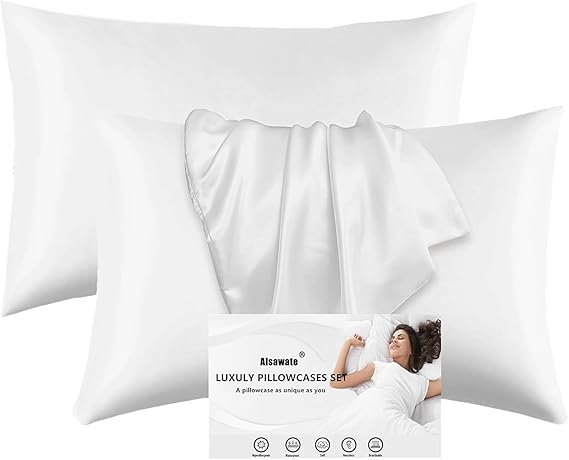 2 Pack White Satin Pillowcases for Hair and Skin, Softer than Silk Pillow Case，Luxurious and Silky Standard Pillow Cases with Envelope Closure, 40x60 cm