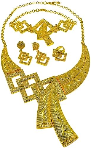 Luxury Dubai Jewelry Set African Vintage Costume Jewelry Sets Big Pendant Crystal Statement Necklace Earrings Gold Bracelet Ring Bridal Wedding Accessories Theme Party Gifts for Women