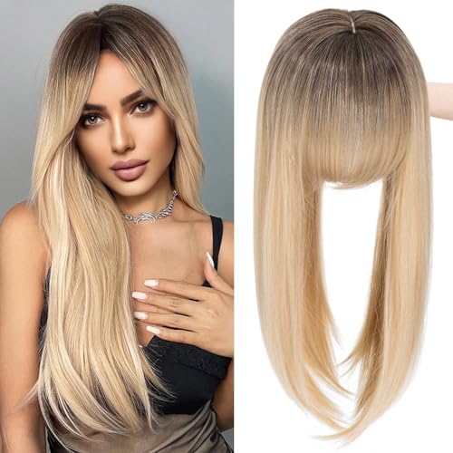 MY-LADY Hair Toppers for Women with Thinning Hair 14 Inch 6x6 Lace Base Wiglets with Side Bangs Clip in Synthethic Hairpieces Mixed Blonde with Dark Root